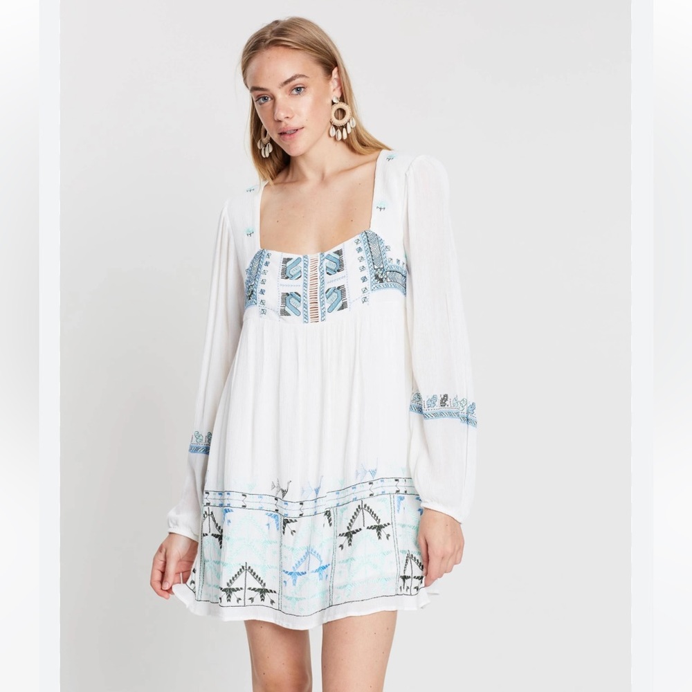 New Free People Rhiannon Embroidered Mini Dress in Ivory